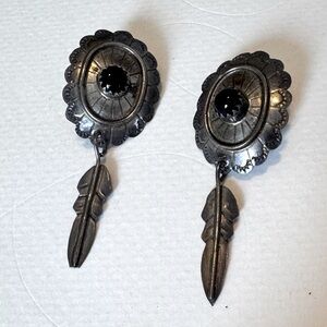 Vintage Sterling Silver Onyx Concho Earrings Womens Jewelry Estate Southwestern